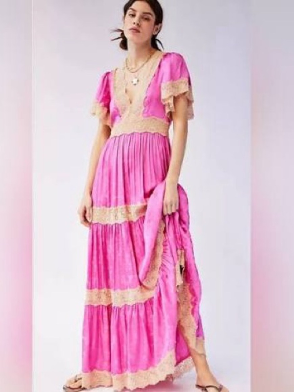 NWOT SPELL OCEAN GOWN PINK  Fuchsia Maxi Dress with Cream Lace